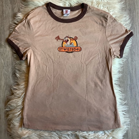 Vintage Y2K Six Flags Warner Bros Tasmanian Devil Cropped Tee L/XL - Picture 1 of 7